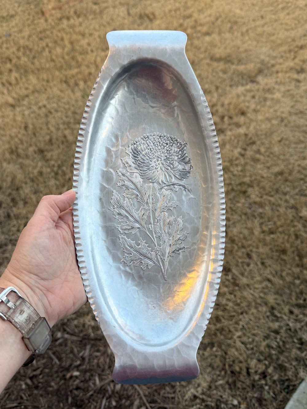 Embossed Floral Metal Serving Tray - Silver Tone